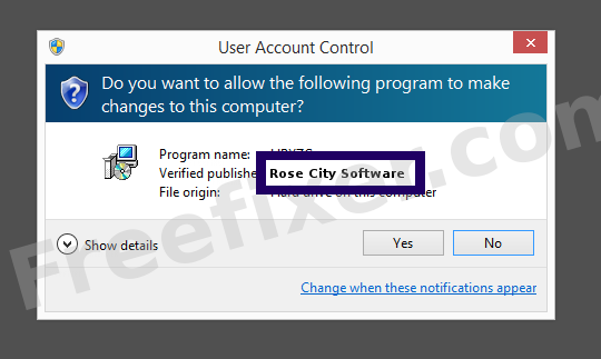 Screenshot where Rose City Software appears as the verified publisher in the UAC dialog